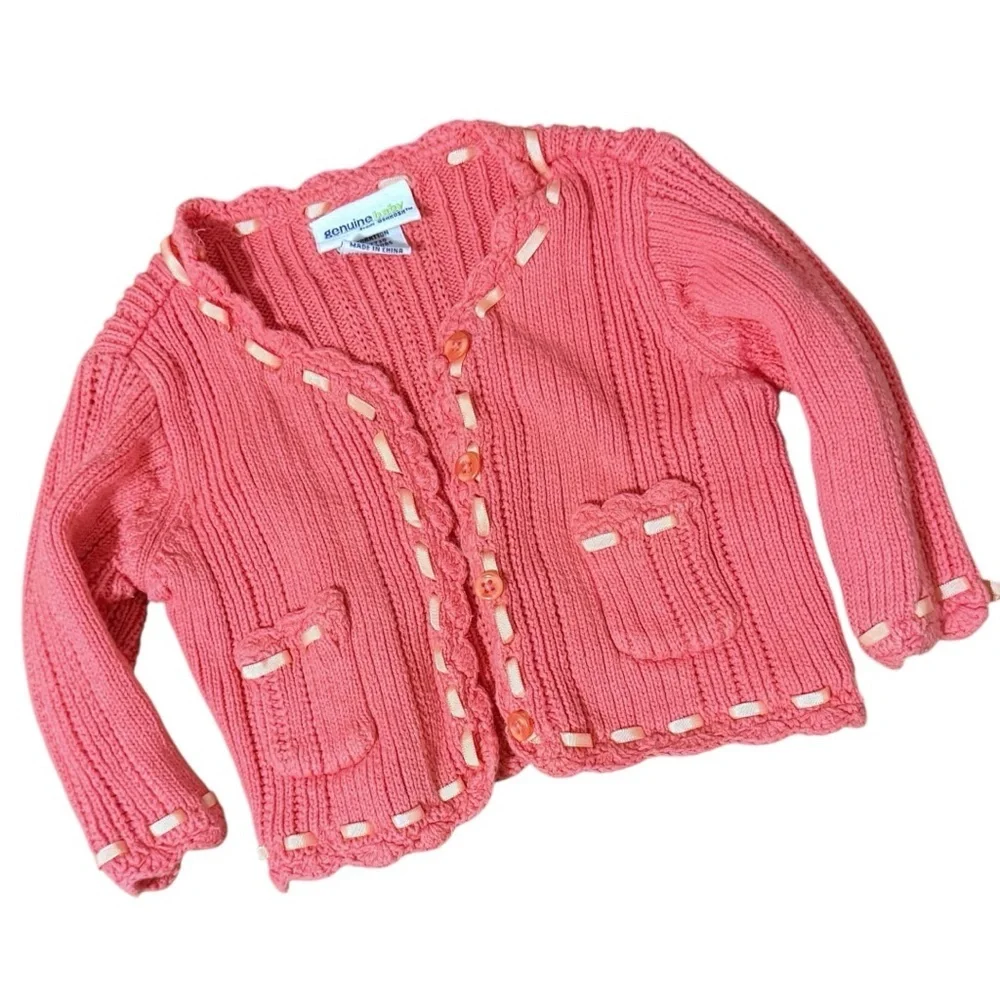 Vintage OshKosh Baby Pink Knit Cardigan Sweater 3M Ribbon Trim